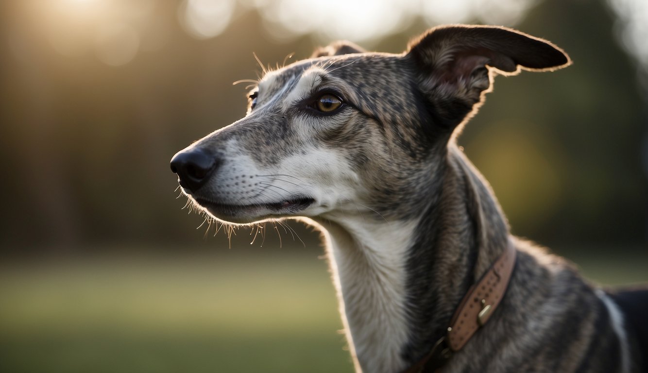 A greyhound stands alert, ears perked, gazing into the distance. Its mouth is closed, showing a calm demeanor