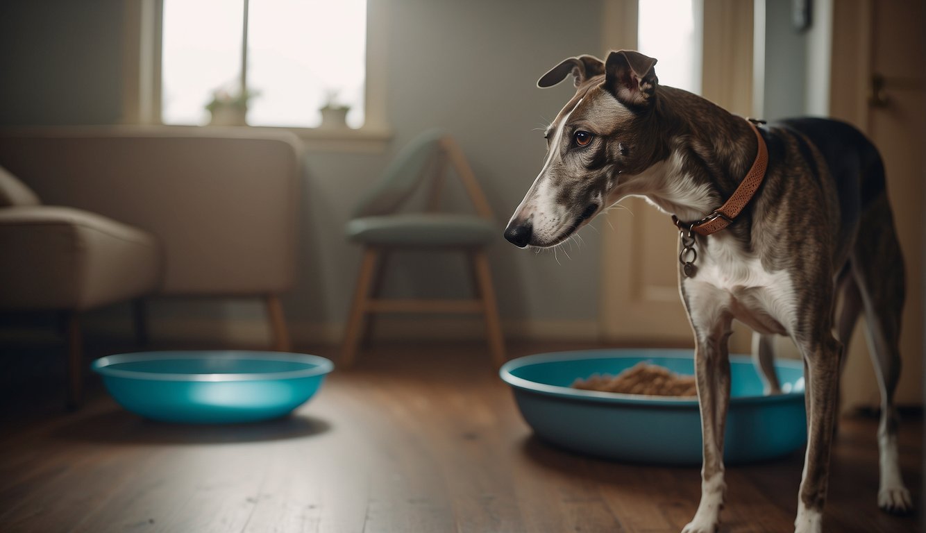 A greyhound stands calmly, ears perked, in a quiet room. A leash and collar lay nearby. A bowl of water sits in the corner
