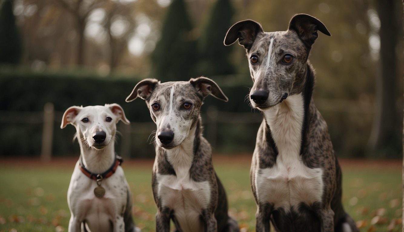 Two greyhounds stand next to a family, looking calm and content. The family is smiling and petting the dogs, who are not barking