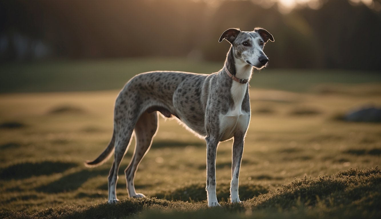 A greyhound stands in a peaceful setting, head tilted, ears perked, as if contemplating the question "Do greyhounds bark a lot?" The scene exudes a sense of curiosity and tranquility