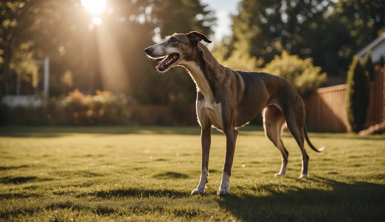 A greyhound barking loudly in a spacious, sunlit backyard