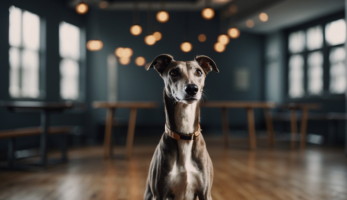 A greyhound stands in a quiet room, head tilted, ears perked. No barking