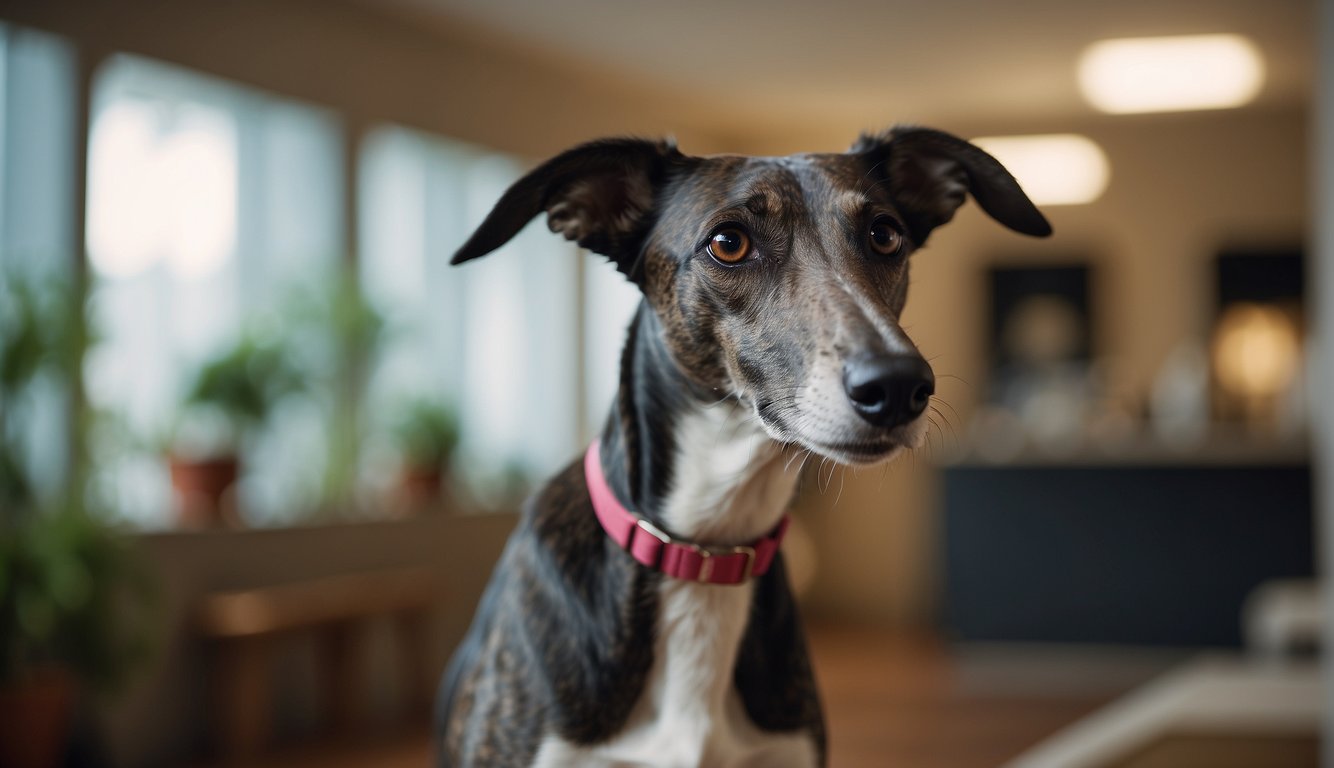 A greyhound stands alert, ears perked, in a quiet room. A distant sound catches its attention, causing the dog to let out a series of sharp barks