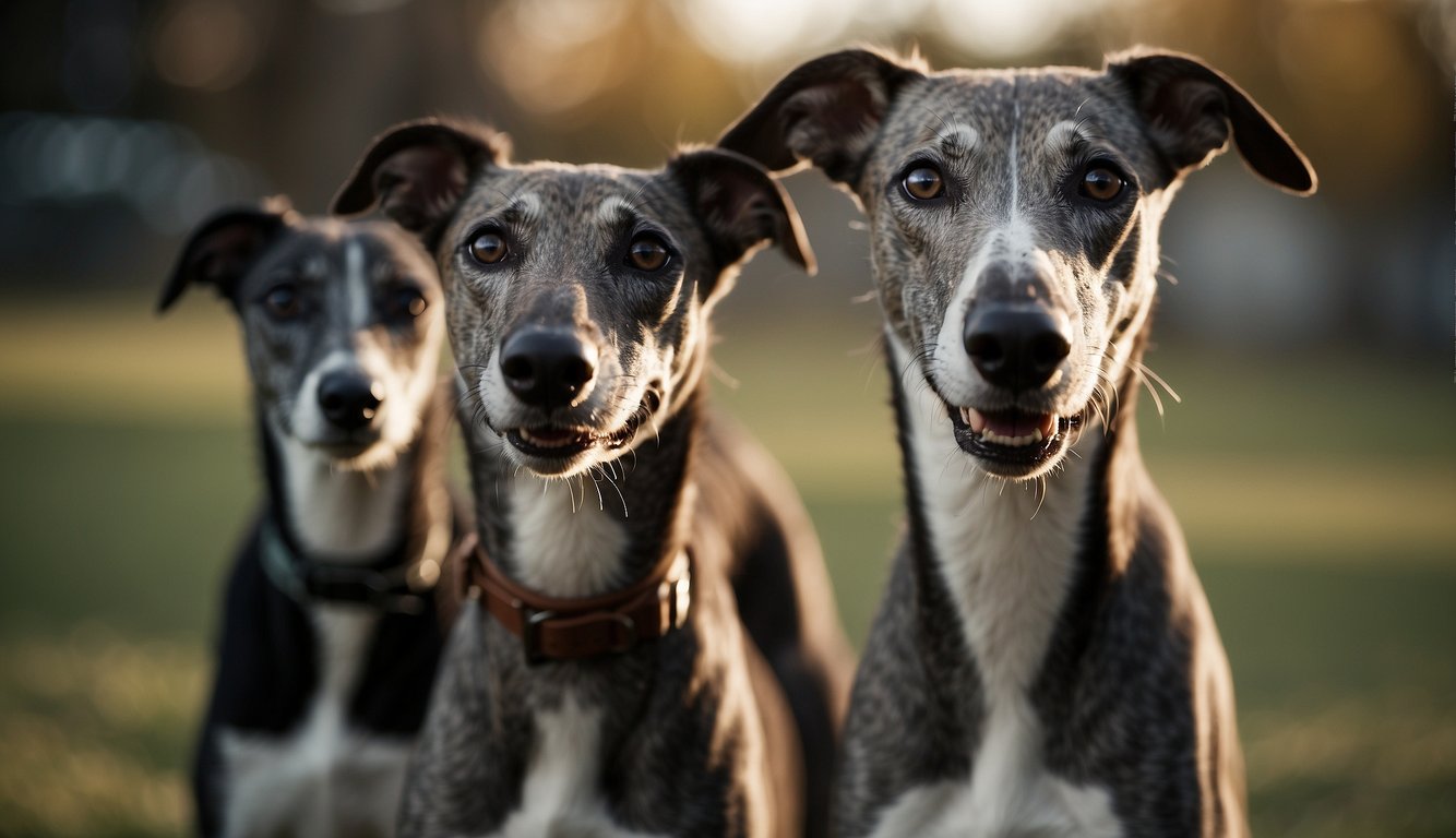 A group of greyhounds interact, using body language and vocalizations to communicate. One greyhound stands tall, ears perked, while another lays low, ears back, emitting a low growl